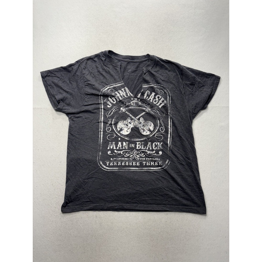 Johnny Cash Shirt Mens XL Gray V Neck Man In Black Graphic Tee Country Music